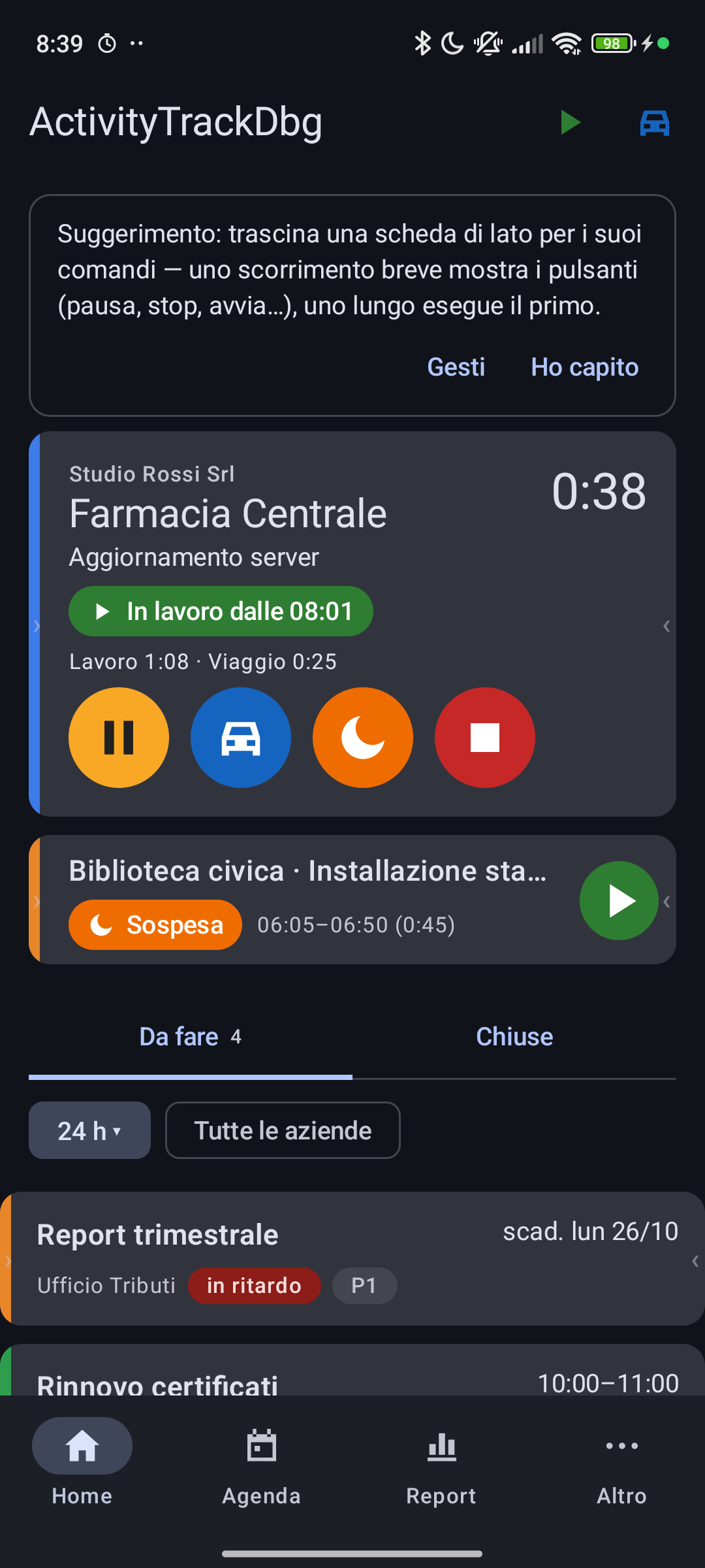 ActivityTrack, schermata Home con un'attività in corso